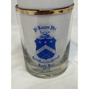 Pi Kappa Phi 1978 Rose Ball  Whiskey Rocks Glass Crest Vintage Blue Gold Frat